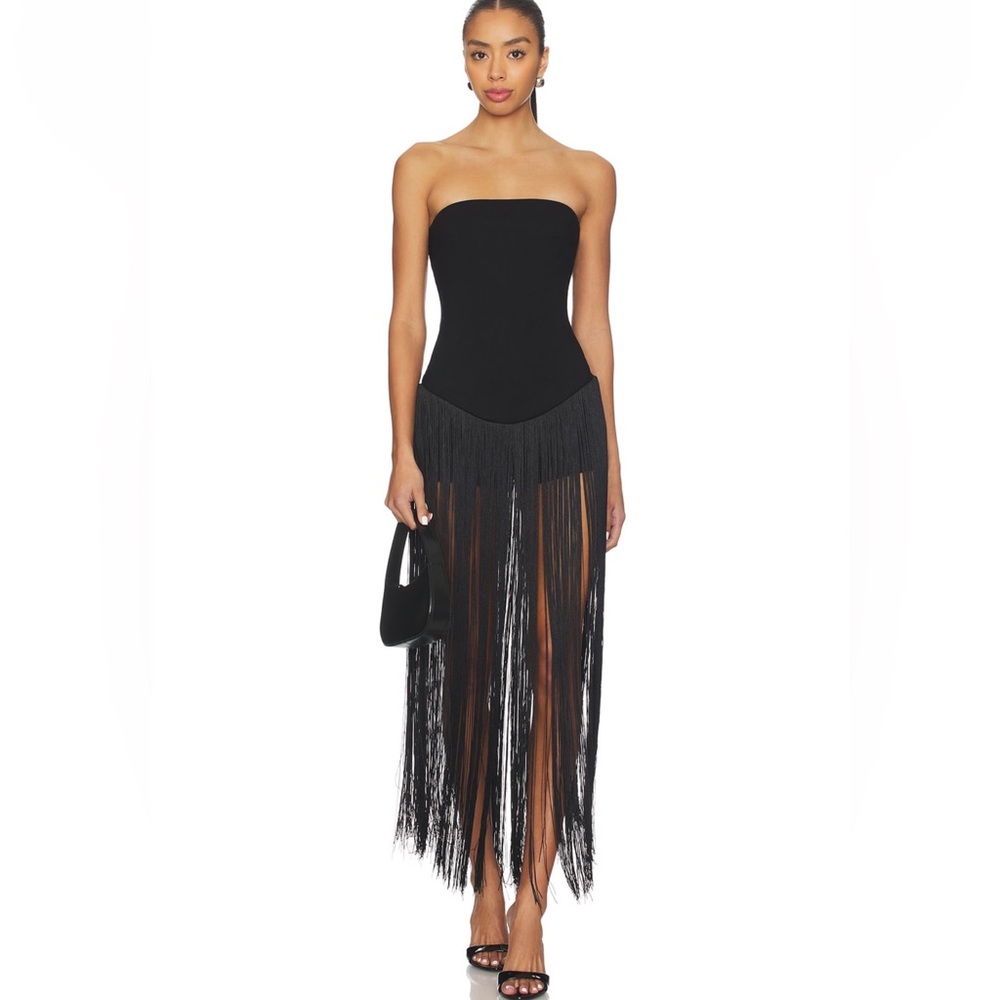 Superdown Black Strapless Fringe Dress